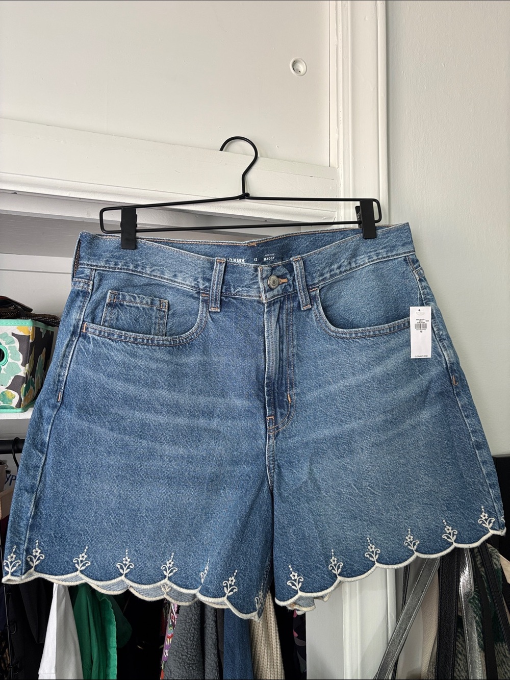 Old Navy Blue Denim Jean Shorts with Scalloped Embroidered Hem